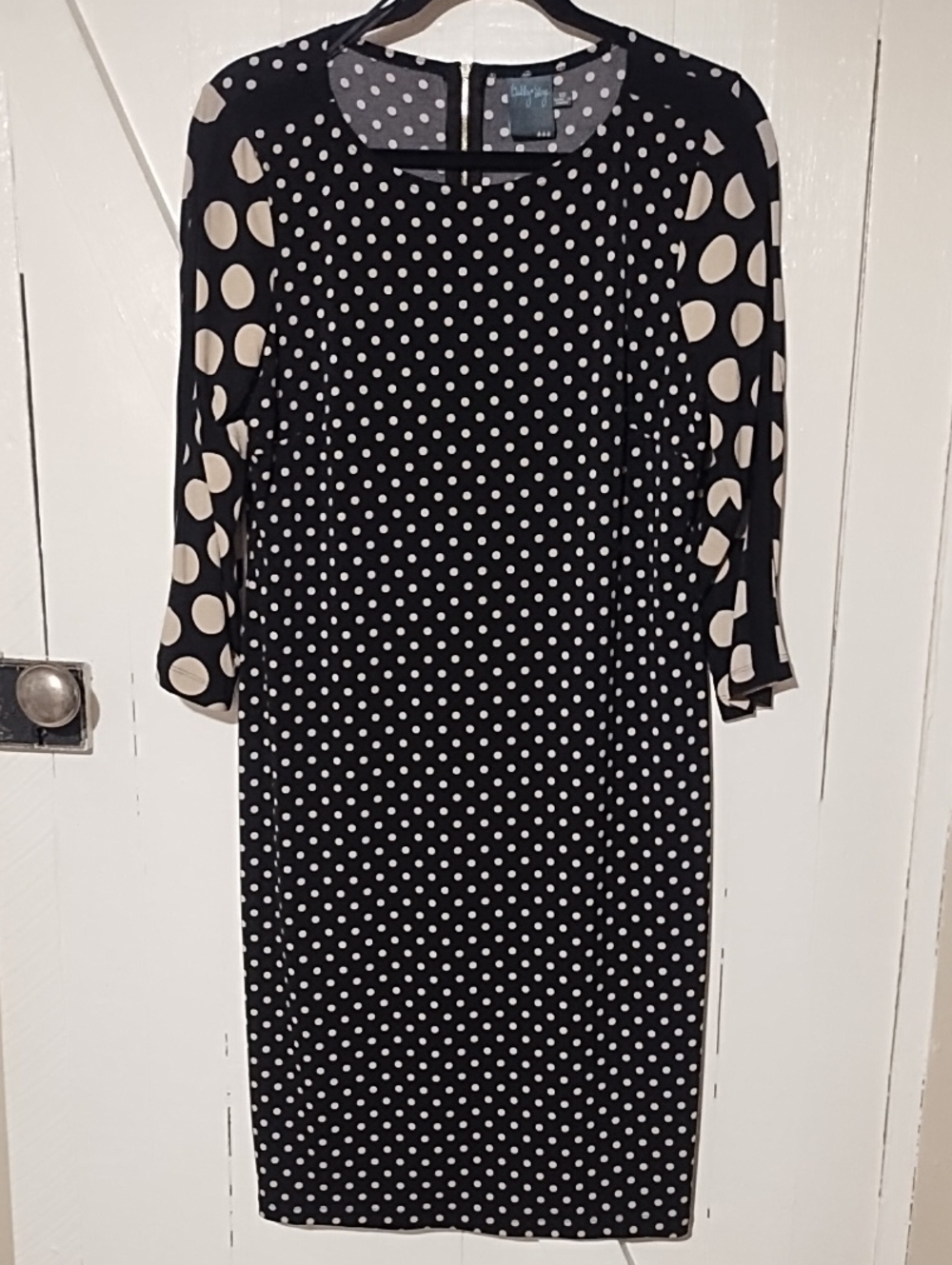 Gabby Skye Black and Cream Polka Dot Midi Dress EUC Size 12.